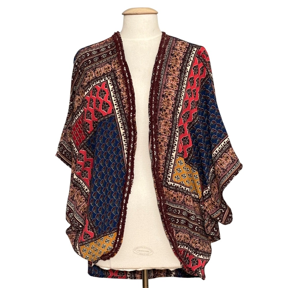 Umgee Womens Kimono Cardigan M/L Red Blue Patchwork Paisley Boho Chic Western